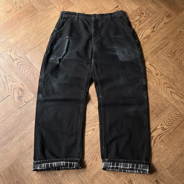 [34]칼하트 USA 체크 라이닝 데미지드 블랙 싱글니 워크 팬츠