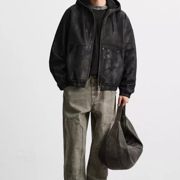 자라 렘스킨 리얼 레더 후드 점퍼 S