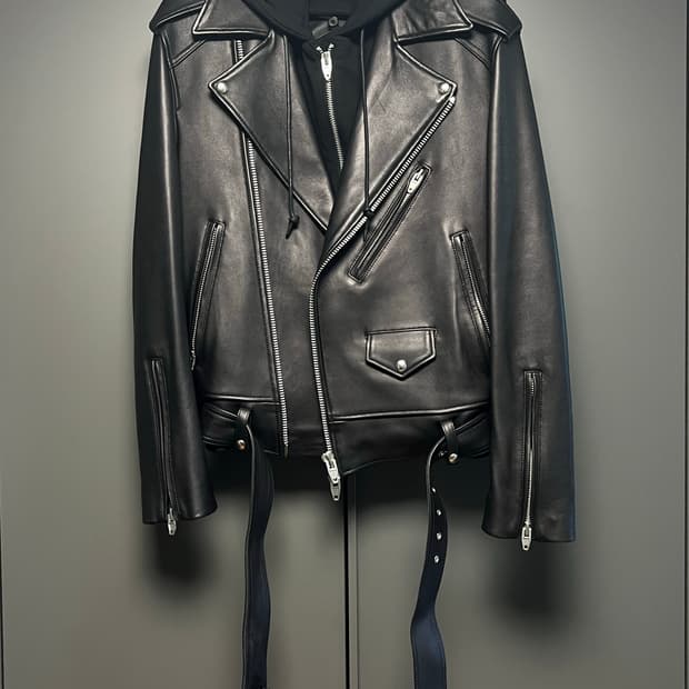 준지 20FW 후드 레이어드 라이더 가죽 자켓 46