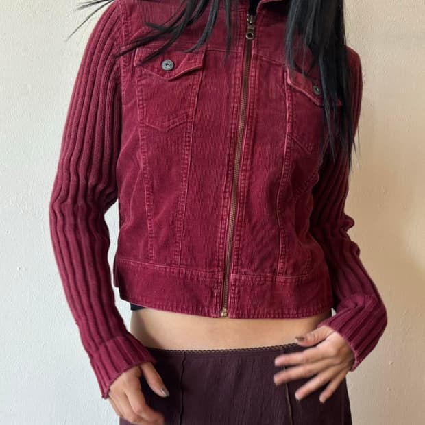 Vintage Burgundy Knit Corduroy Zip Up