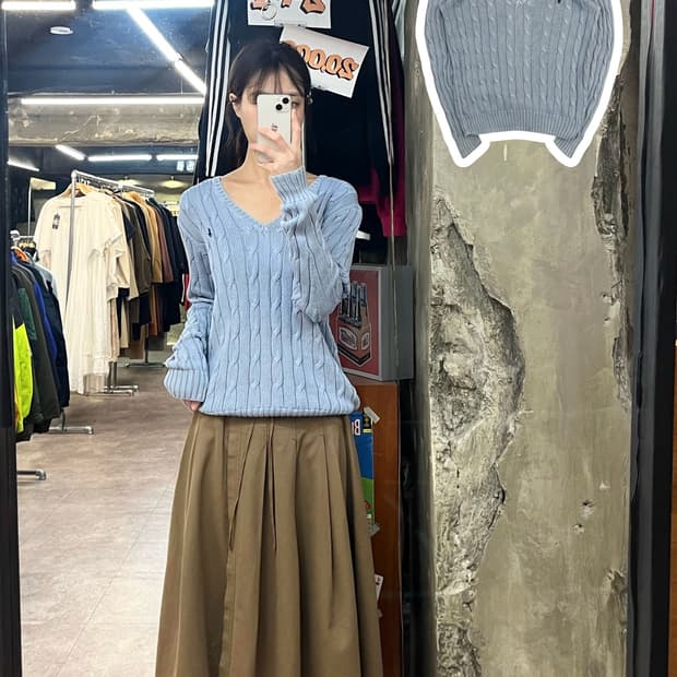 폴로 랄프로렌 브이넥 꽈배기 니트 스카이블루 L  #csz3776 