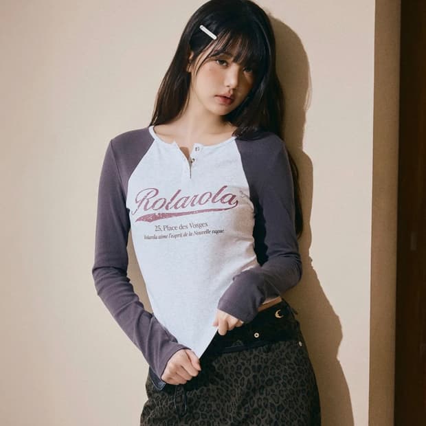 로라로라 레글런 배색 크롭 긴팔 티셔츠 롱슬리브