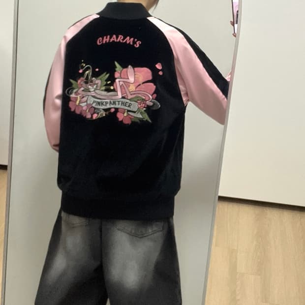 참스 x 핑크팬더 벨벳 블랙 핑크 스카쟌 자켓
