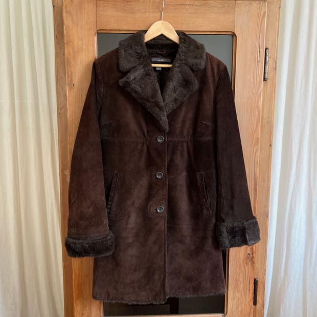 빈티지 다크 브라운 퍼 트리밍 레더 코트