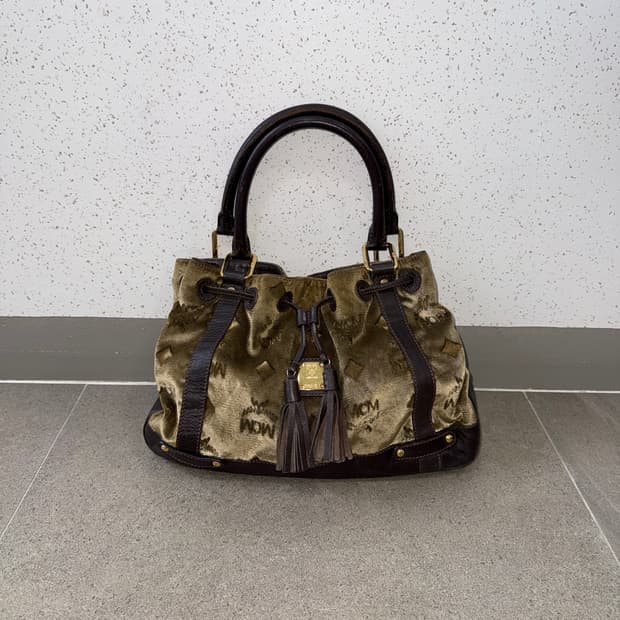 MCM khaki velvet drawstring tote bag