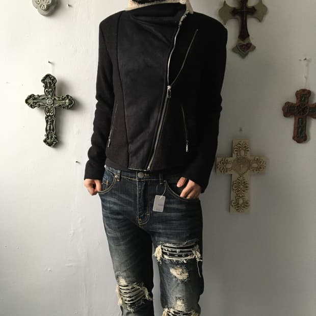 High neck fake fur suede jacket