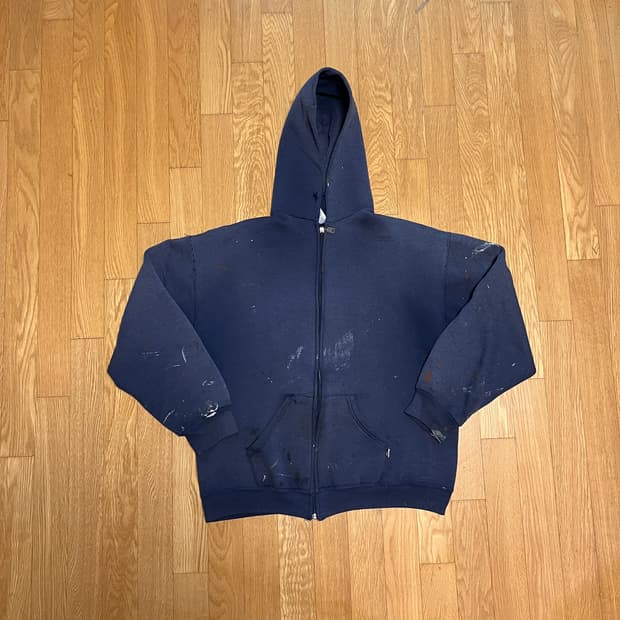 [XL] 90s 빈티지 러셀 후드집업 썬페이드 & 더티 페인팅 네이비