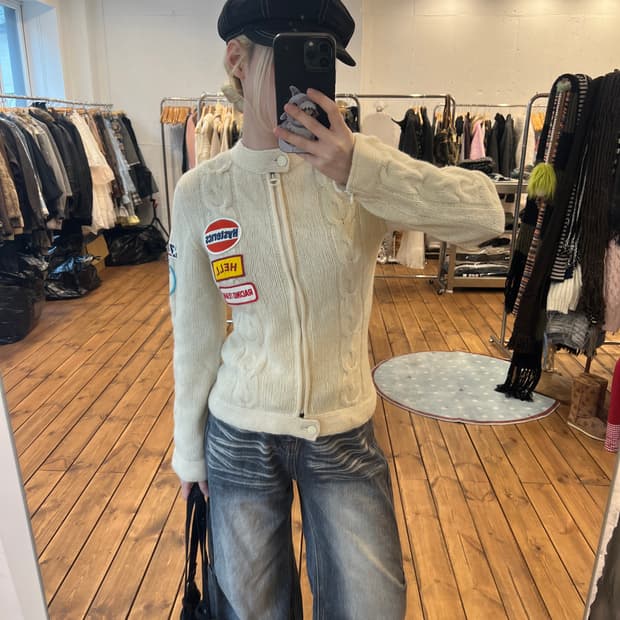 히스테릭글래머 크림 니트 패치 집업