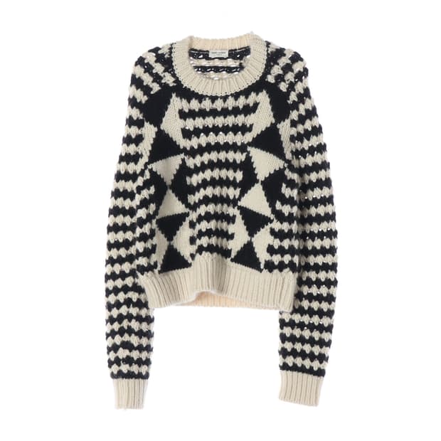 생로랑 스트라이프 다이아몬드 패턴 울 알파카 크루넥 니트 스웨터