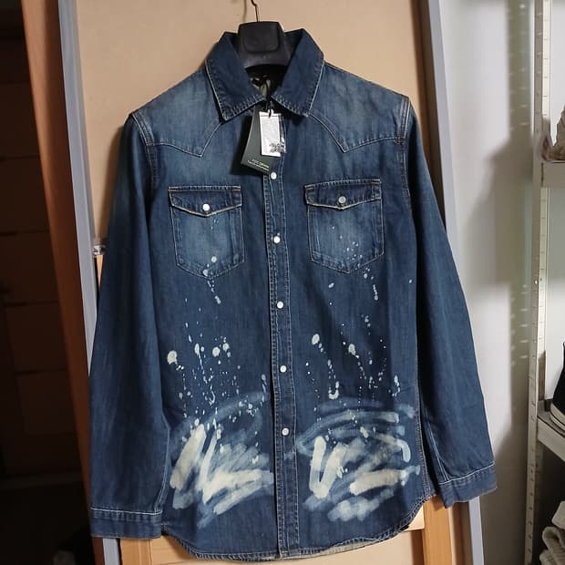 택붙은 미사용 웨스턴 워싱 데님 페인팅 셔츠 청남방  남방