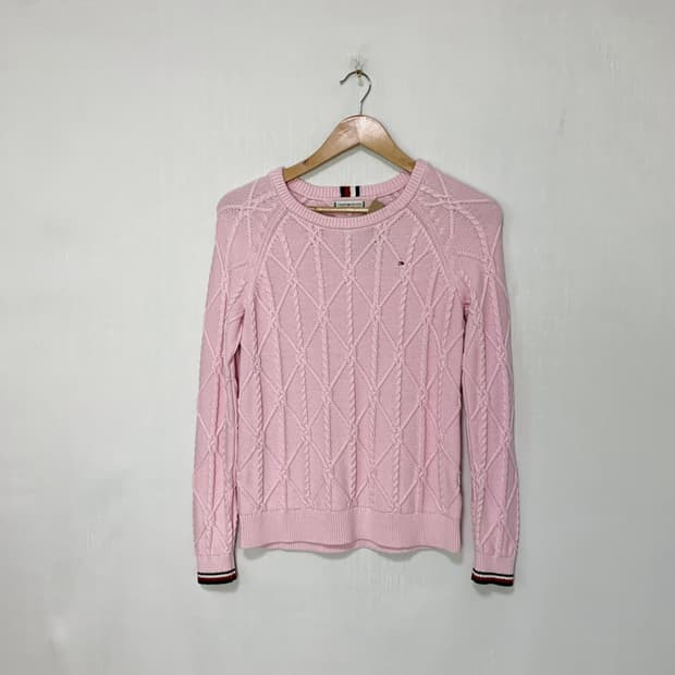 타미힐피거 케이블 긴팔 세미 크롭 니트 쿨톤 핑크 여성 S 키즈 사이즈