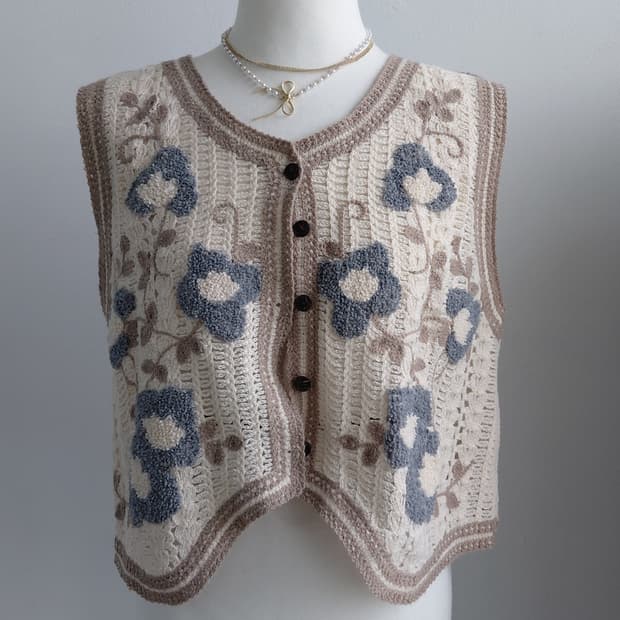 [빈티지] 빈티지 플라워 자수 니트 조끼