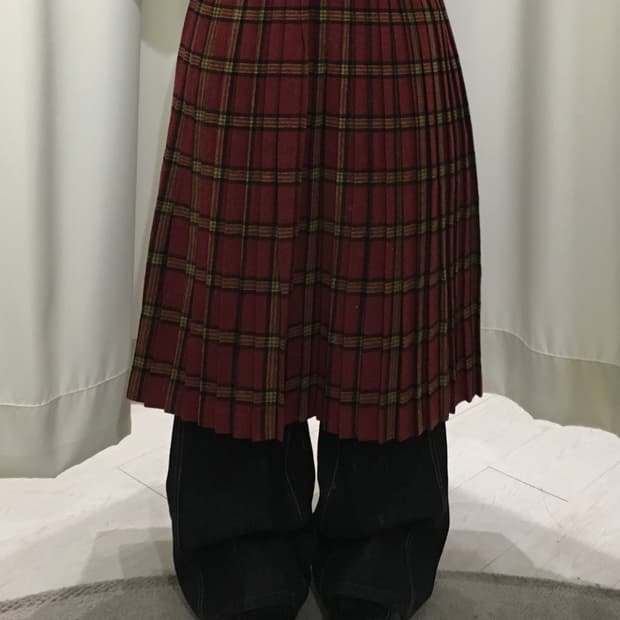 버건디 울 체크 플리츠 스커트