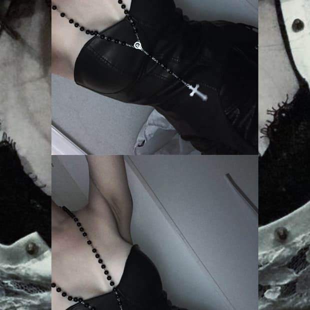 Vintage 핀터레스트 나나 블랙 십자가 크로스 로자리로 롱 네크리스