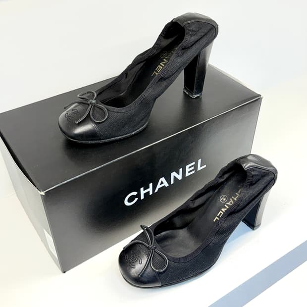 샤넬 발레리나 캔버스 펌프스힐 235