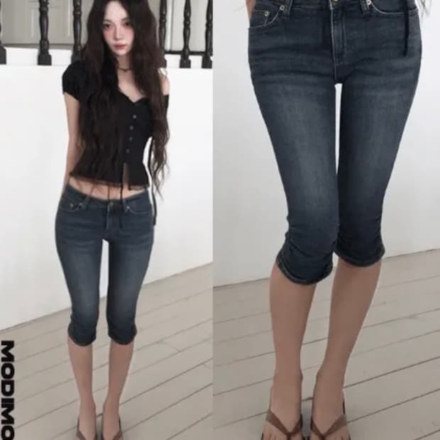 모디무드 오리진 데님 셔링 카프리 팬츠