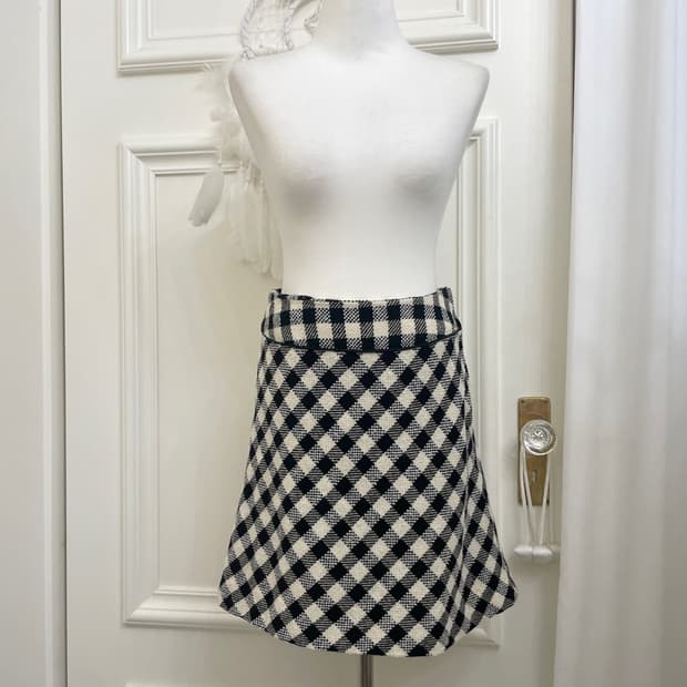ivory black check wool flare skirt
