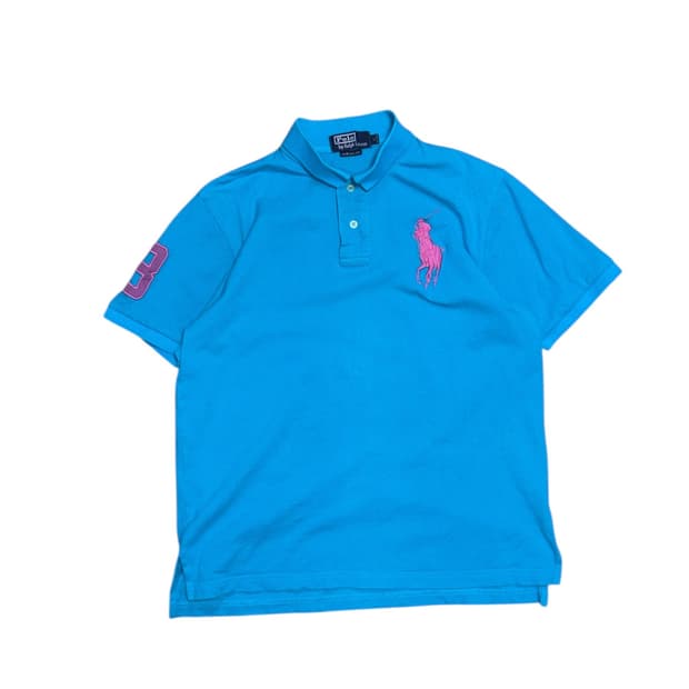 폴로 랄프로렌 아쿠아 블루 핑크 빅포니 카라 반팔티셔츠