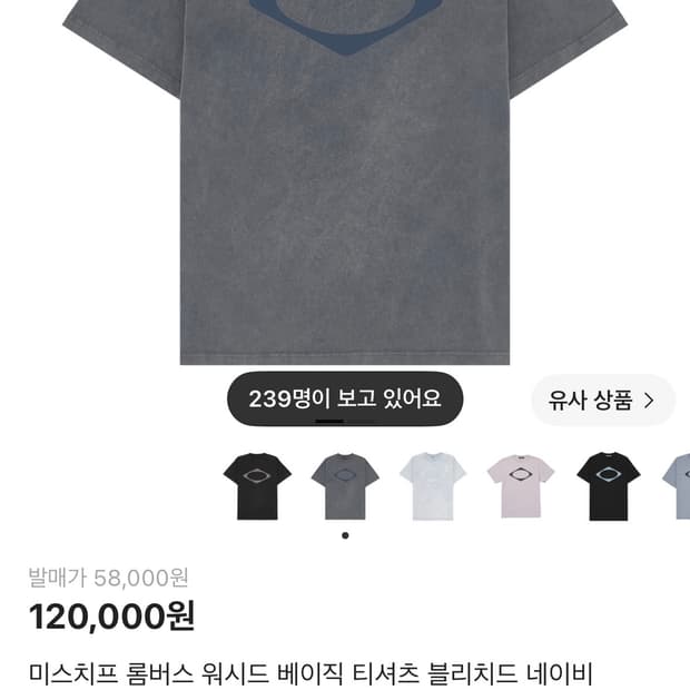미스치프 롬버스 워시드 베이직 티셔츠 블리치드 네이비