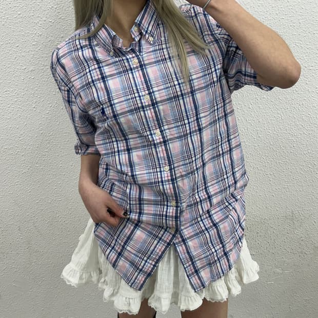 폴로 랄프로렌 네이비포니 딸기우유맛 시어서커 체크 반팔 셔츠 L