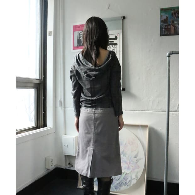 요지 야마모토 느와르 체크 후드 드레이프 탑 