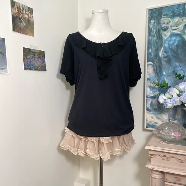 black ruffle cotton loose top(size-15)