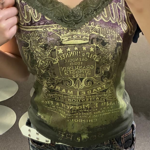 2)Japanese vintage 여성 y2k 레이스 카키색 슬리브리스