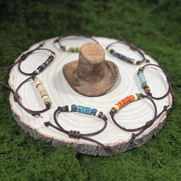 핸드메이드 웨스턴 보헤미안 소가죽 도자기 우드 나무 길이조절 포인트 팔찌