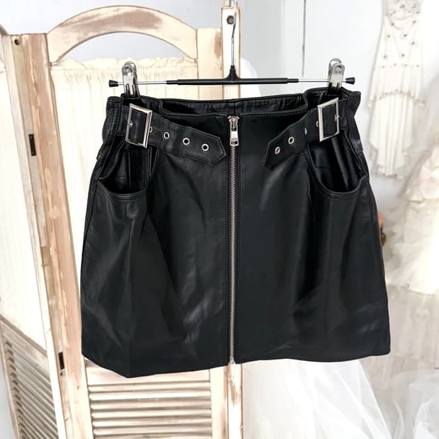 Black Belted Lambskin Zip Mini Skirt