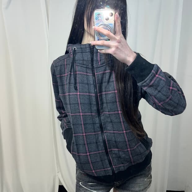 니혼진 핑크 체크 패턴 하이넥 후드집업