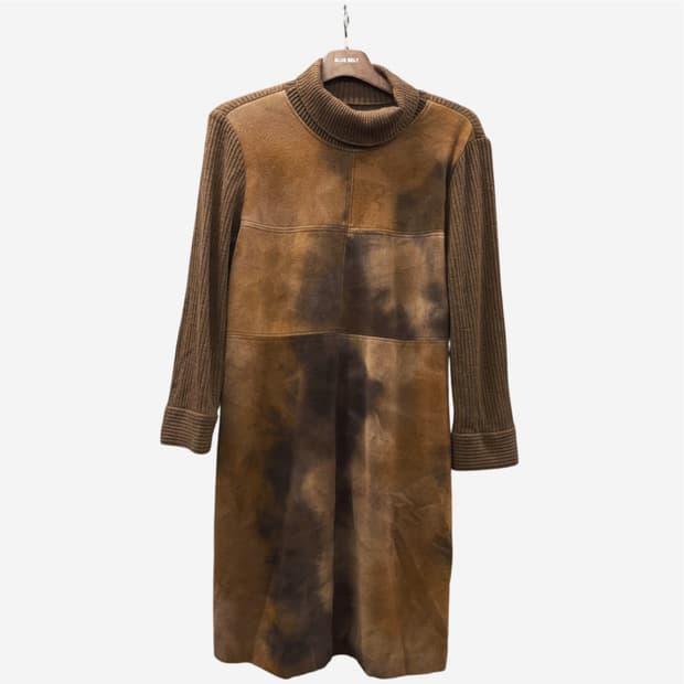 JPN VINTAGE 마블링 패턴 터틀넥 롱 원피스 골지 울패치