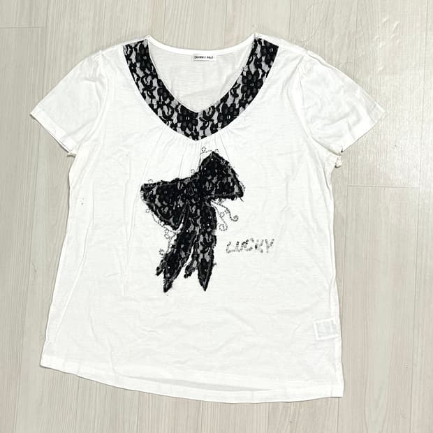 빈티지 레이스 리본 갸루 브이넥 반팔탑 