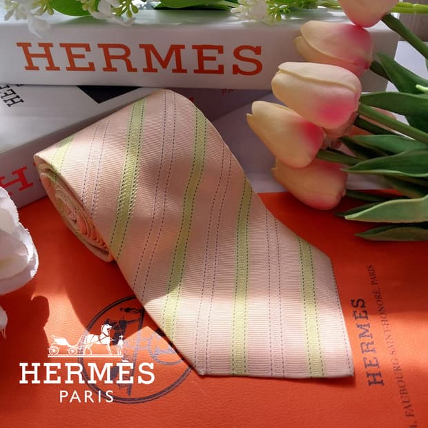 에르메스 실크 살구 스트라이프 넥타이 9.5cm B등급 K2345