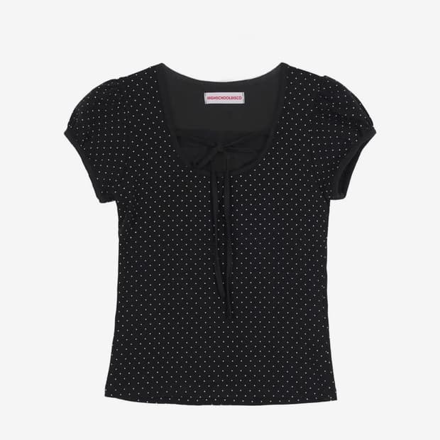 하이스쿨디스코 퍼프소매 도트 리본 숏슬리브 티셔츠 블랙