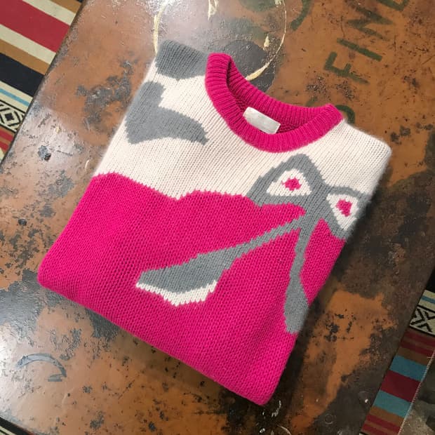 유럽 빈티지 마젠타 핑크 리본 패턴 울 스웨터 여성 오버핏