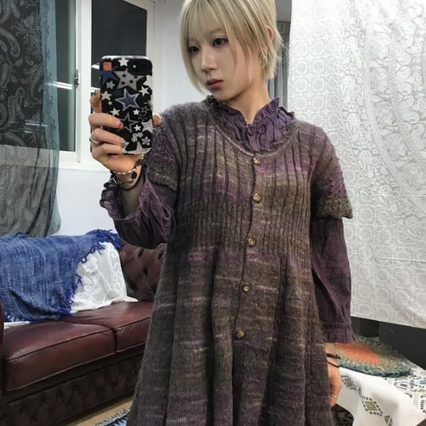 제페니즈 빈티지 여성 니트 반팔 롱 가디건