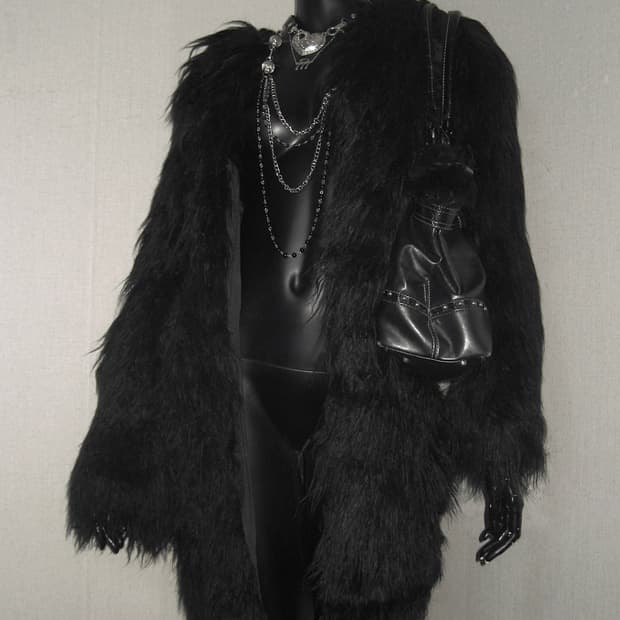 블랙 롱 퍼 코트 자켓 오네갸루 펑크