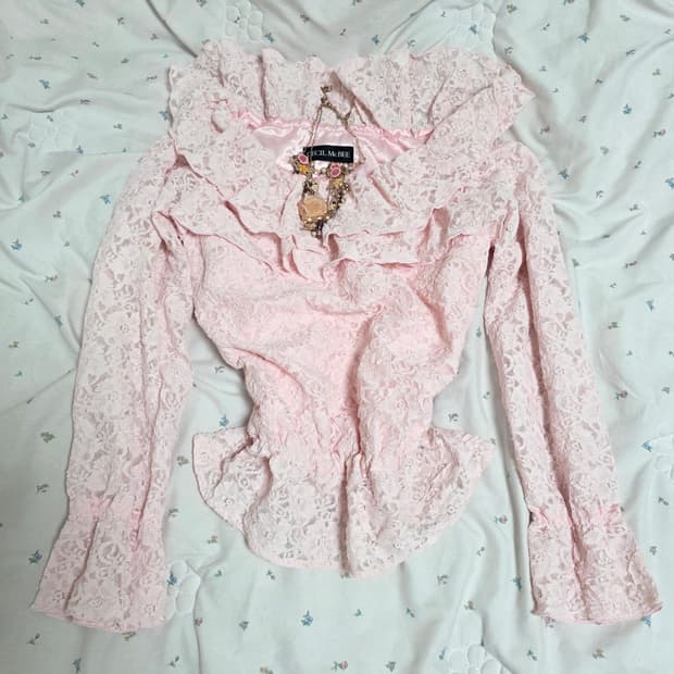 세실맥비 일본빈티지)핑크 딸기우유 히메카지갸루 레이스 오프숄더블라우스