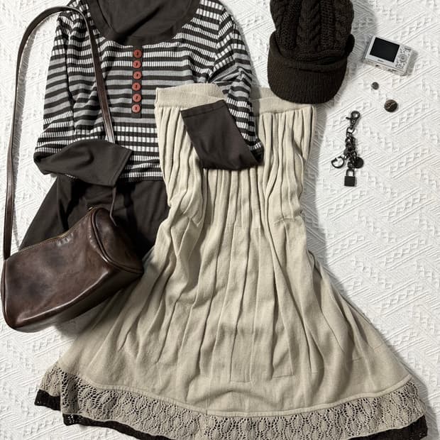 레이어드 니트 플리츠 롱 스커트