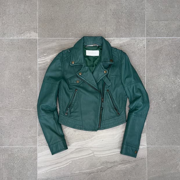 Blue green lamb skin crop rider jacket 