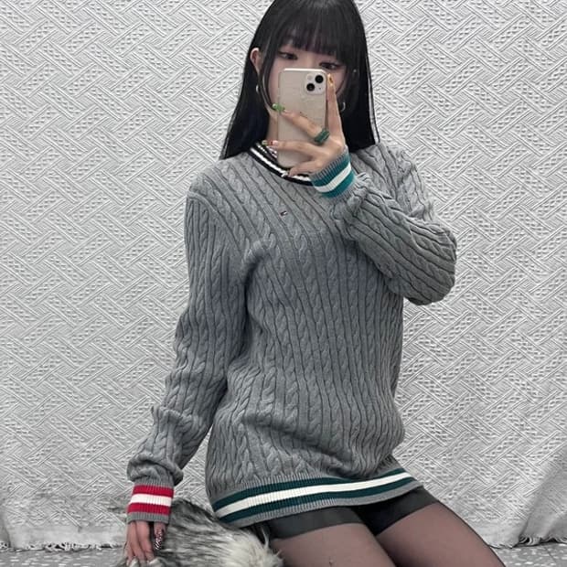 타미힐피거 빈티지 레트로 캐주얼 배색 꽈배기 니트 176 C09552
