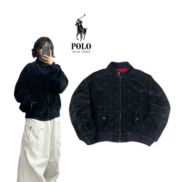 폴로 90s 코듀로이 헤링턴 울 타탄 체크 바라쿠타 자켓