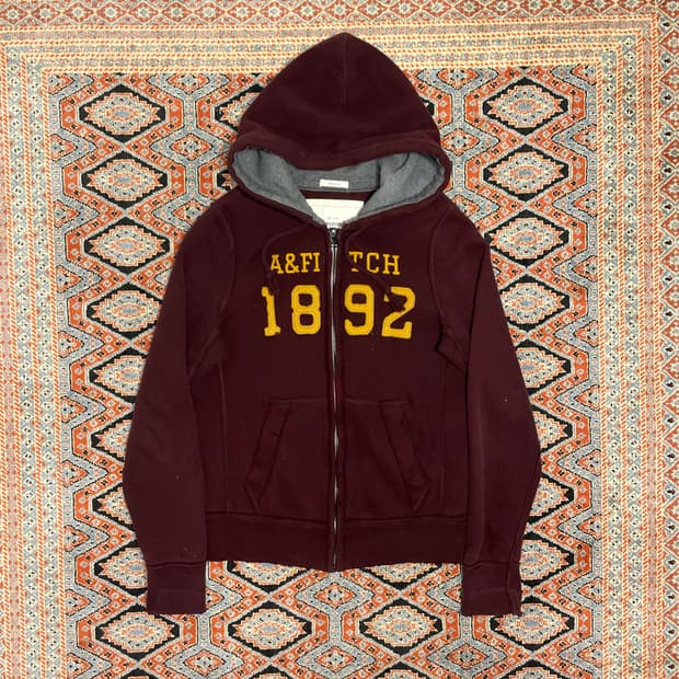 아베크롬비 숫자로고 버건디 기모 후드집업 남성S