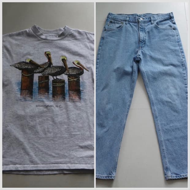 90s 싱글스티치 펠리컨 그래픽 티+ 칼하트 B18 stw 데님 팬츠