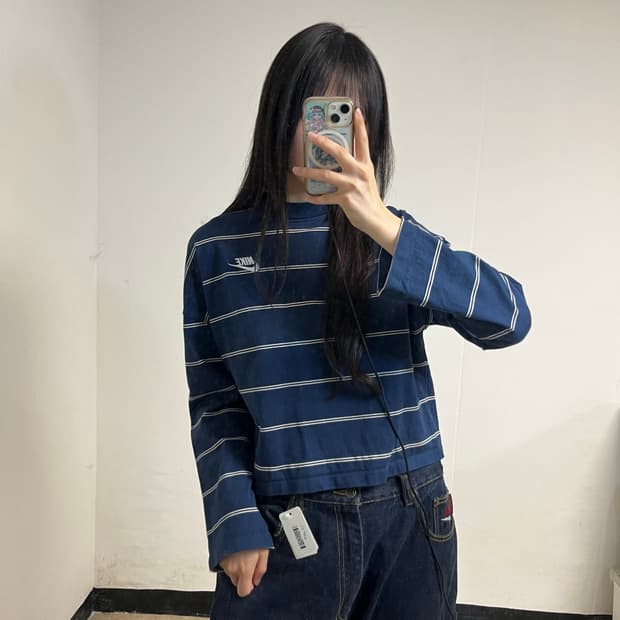 Nike Navy Striped Cropped Long Sleeve