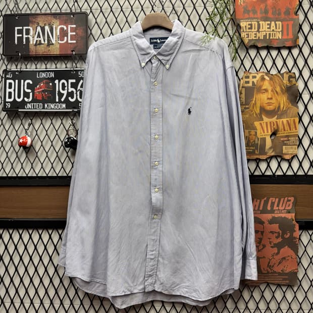 90s 폴로 랄프로렌 스트라이프 긴팔 셔츠 네이비 포니 로고 블루