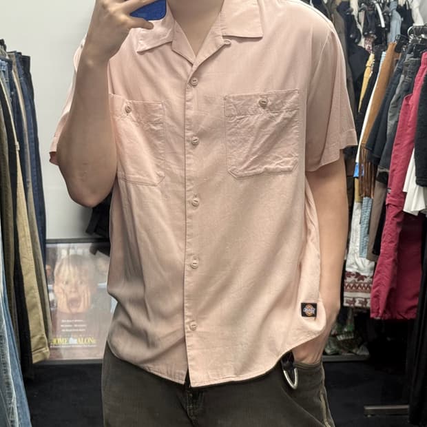 디키즈 핑크 오픈 카라 포켓 반팔 워크 셔츠 일본판 여름 얇은 M 95