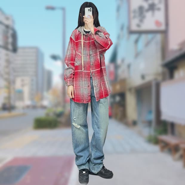 오버사이즈 체크 후드 자켓