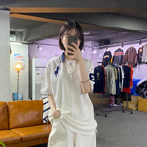 폴로 랄프로렌 네이비 빅포니 화이트 카라티 B4875