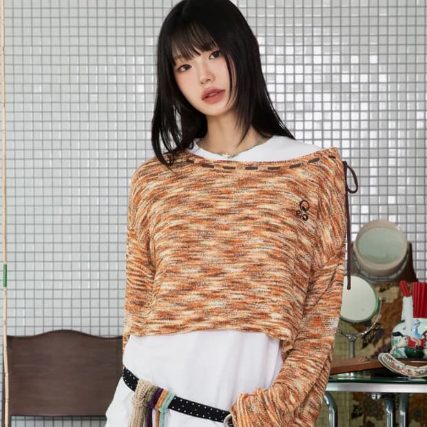 루나키후 미하루 크롭 뜨개질 풀오버 니트 오렌지